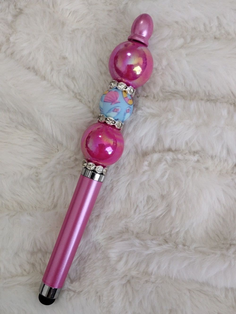Pink Beaded Stylus & Pen with Rhinestone Accents